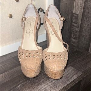 Jessica Simpson Nude/Tan Cork Platform Heels with Ankle Strap